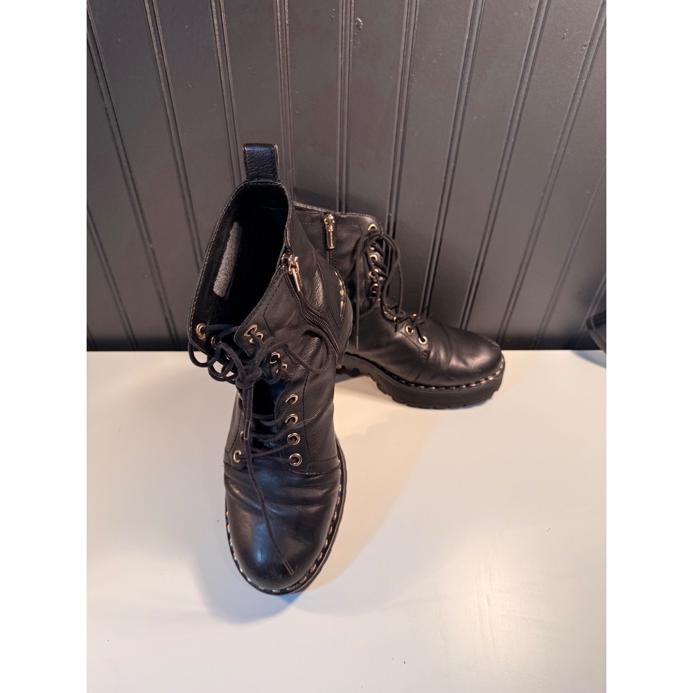 Vince Camuto Black Leather Combat Boots Lug Sole Platform Lace Up Side Zip 10M